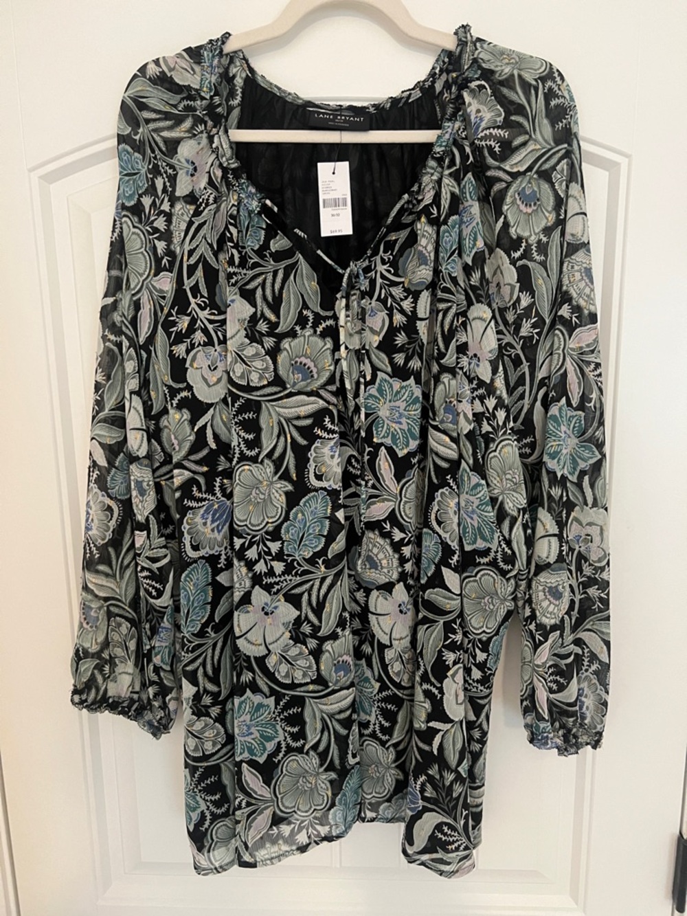 Lane Bryant Women’s Black Floral Tie-Neck Peasant Blouse Sz 30/32 NWT - Picture 1 of 14